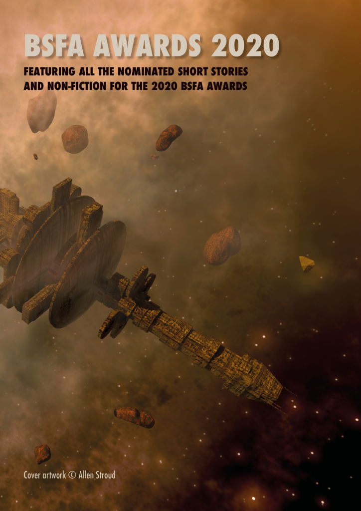 Cover of BSFA 2020 Awards Booklet: a megastructure suspended among asteroids, billowing clouds, and glowing lights